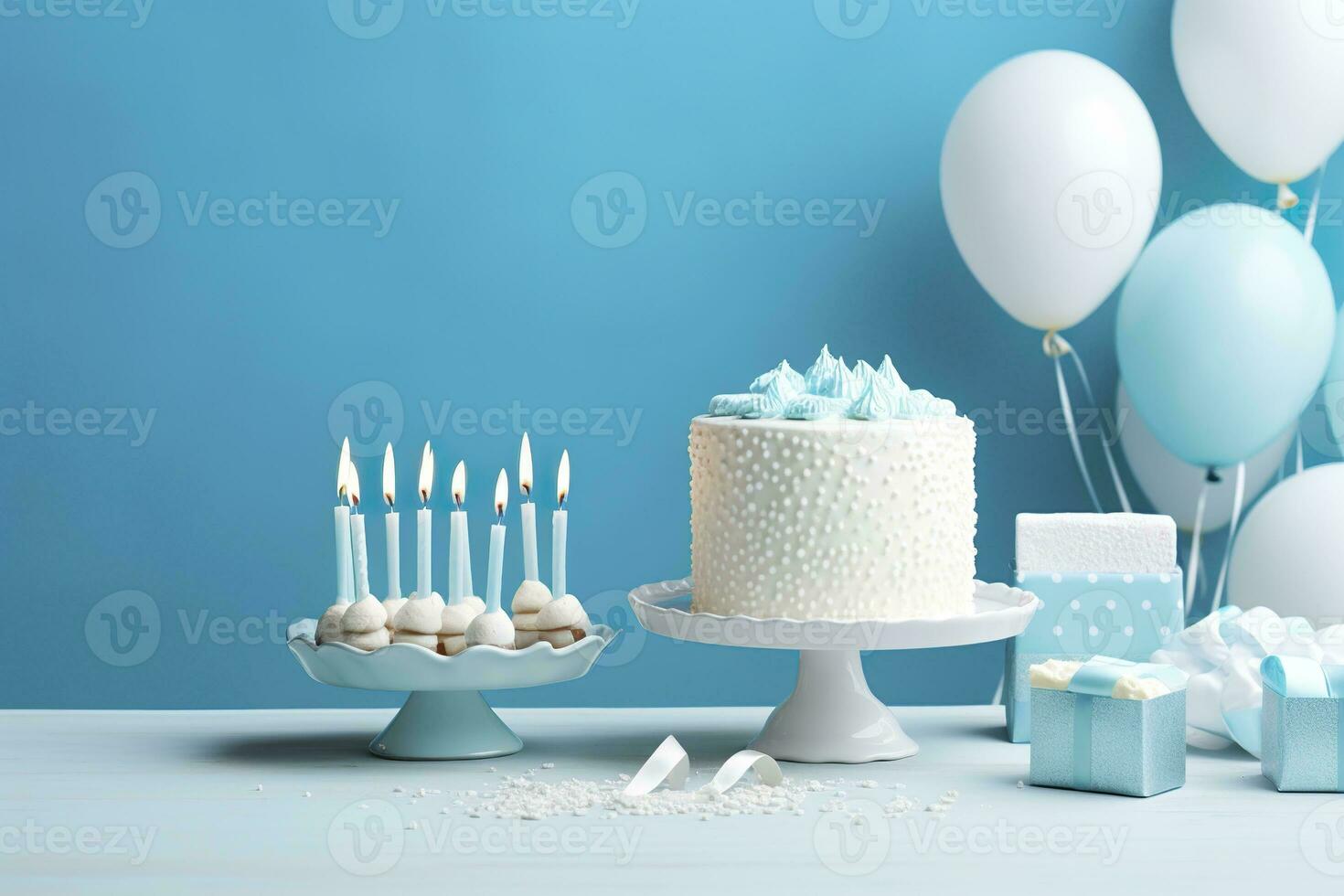 ai generiert Geburtstag Kuchen mit Kerzen und Süßigkeiten auf Weiß Tabelle in der Nähe von Blau Mauer. generativ ai foto