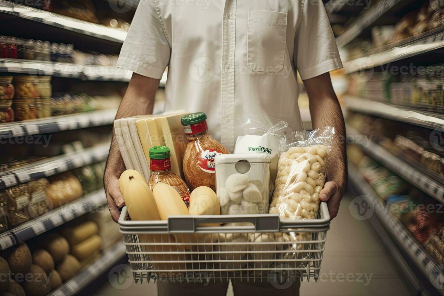 ai generiert Mann halten Einkaufen Korb mit Brot und Milch Lebensmittel im Supermarkt. ai generiert foto