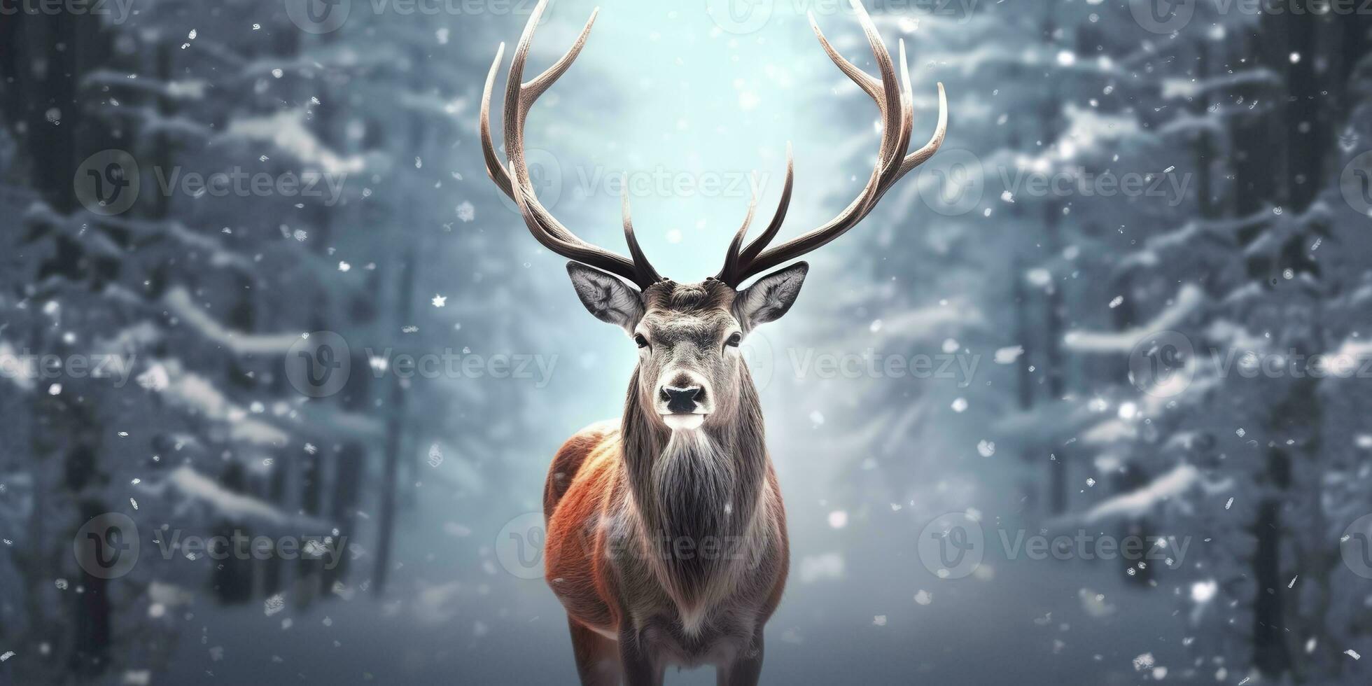 ai generiert edel Hirsch männlich im das Winter Schnee Wald. künstlerisch Winter Weihnachten Landschaft. ai generiert foto