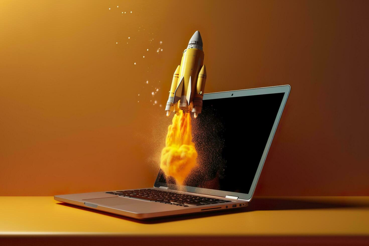 ai generiert Starten ein Neu Produkt oder Service. Technologie Entwicklung Verfahren. Raum Rakete Start. 3d machen. Gelb Rakete Aufzug oben von das Anzeige Laptop. ai generativ foto