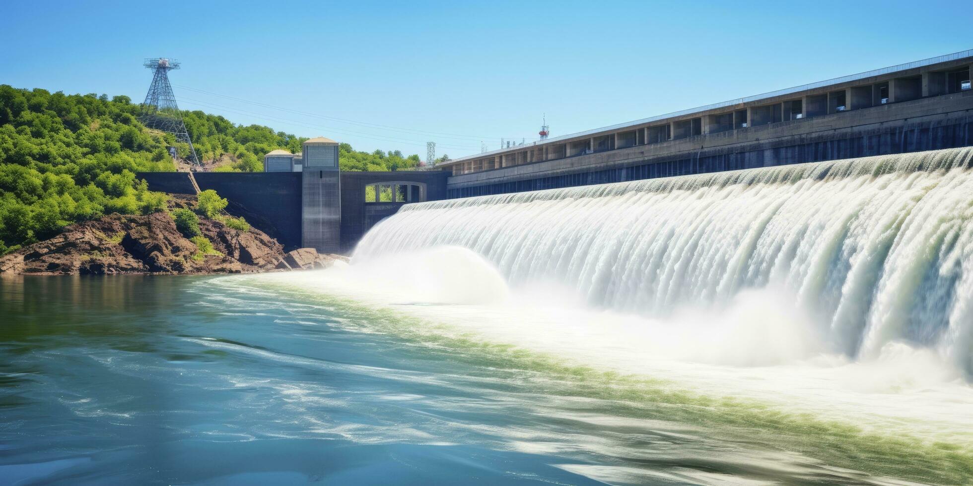 ai generiert Wasserkraft Damm Erstellen Grün Energie von fließend Wasser. ai generiert. foto