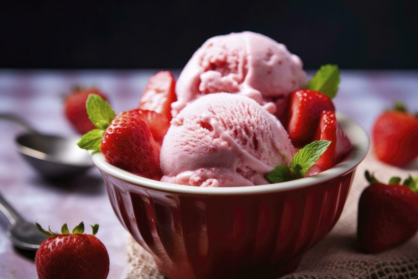 ai generiert Erdbeere Eis Sahne mit frisch Erdbeeren. ai generiert foto