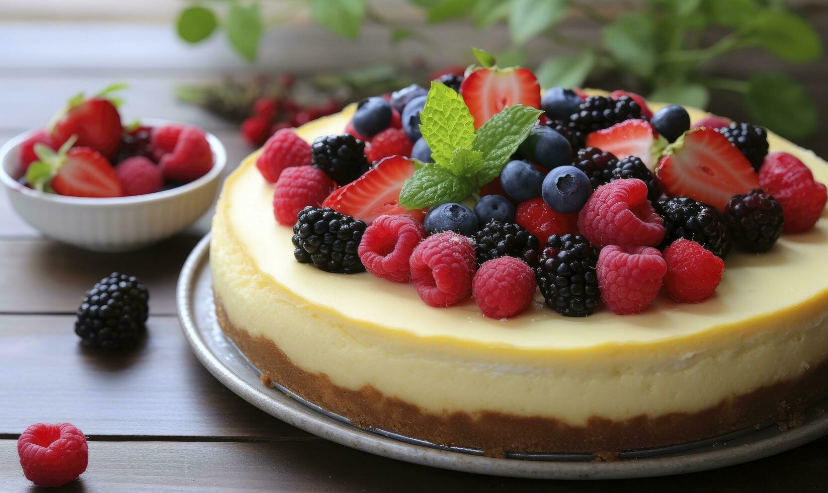 ai generiert Zitrone Käsekuchen mit frisch Beeren. ai generiert foto