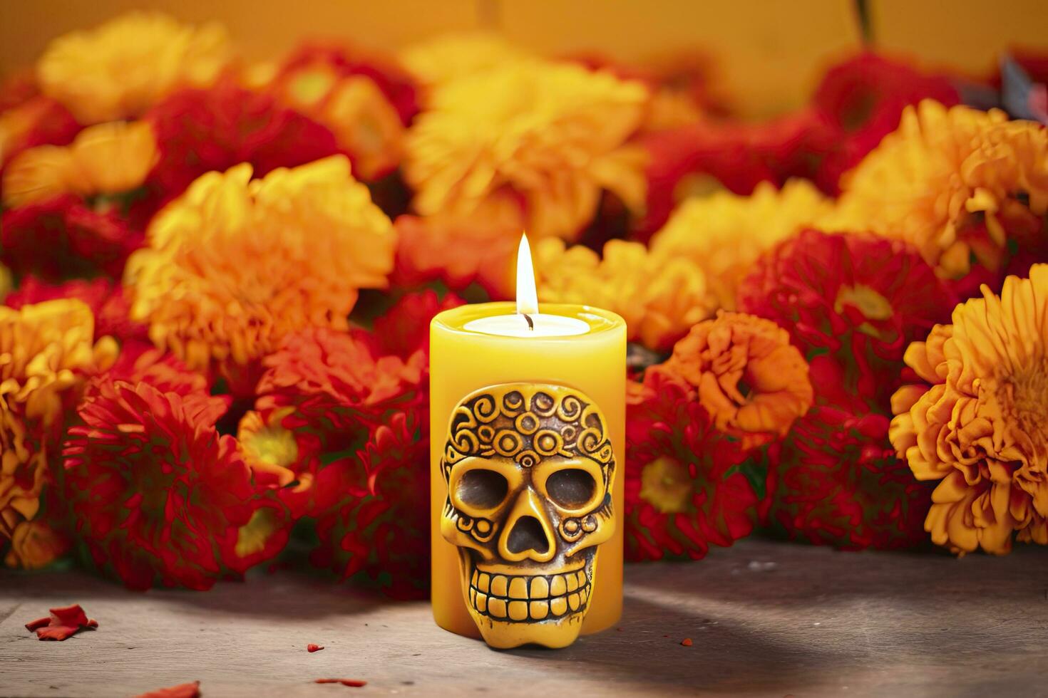 ai generiert Kerzen und Ringelblume Blumen. Tag von das tot Konzept dia de los Muertos. ai generiert foto