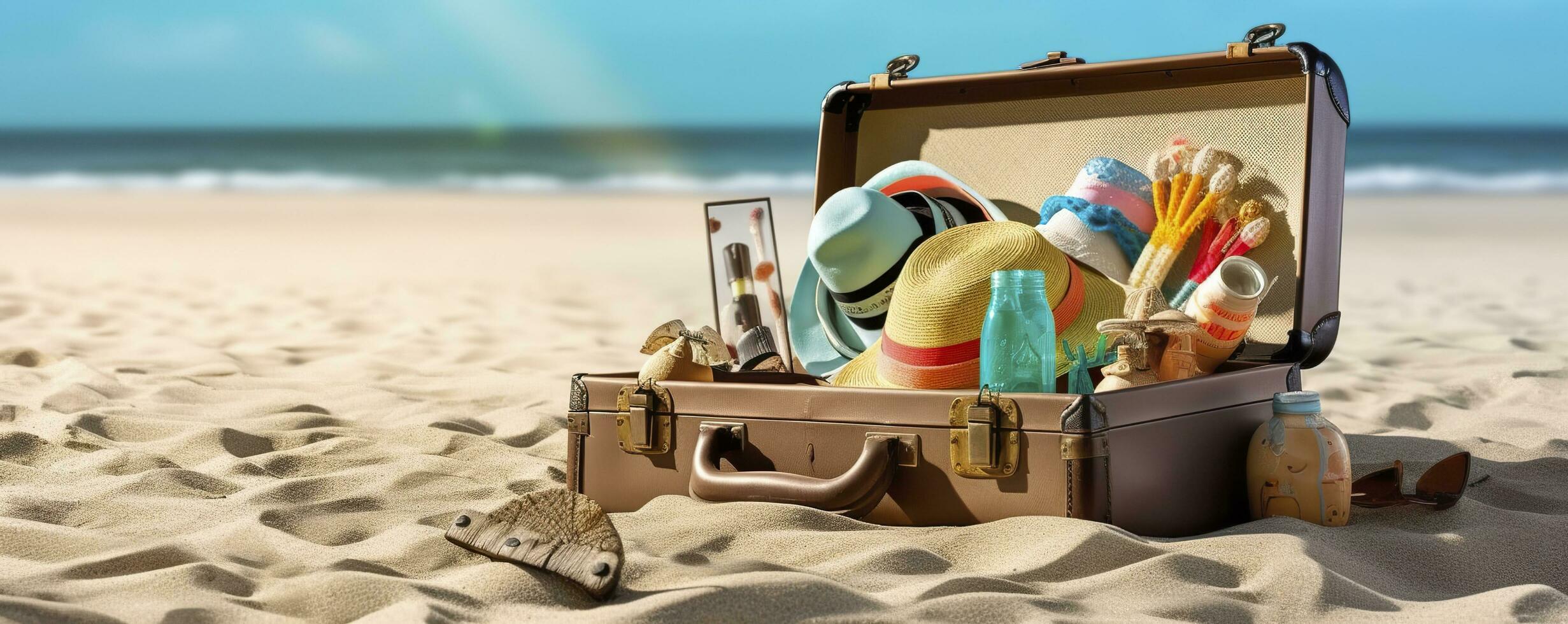 ai generiert Strand Vorbereitung, Zubehör im Koffer auf Sand. generativ ai foto