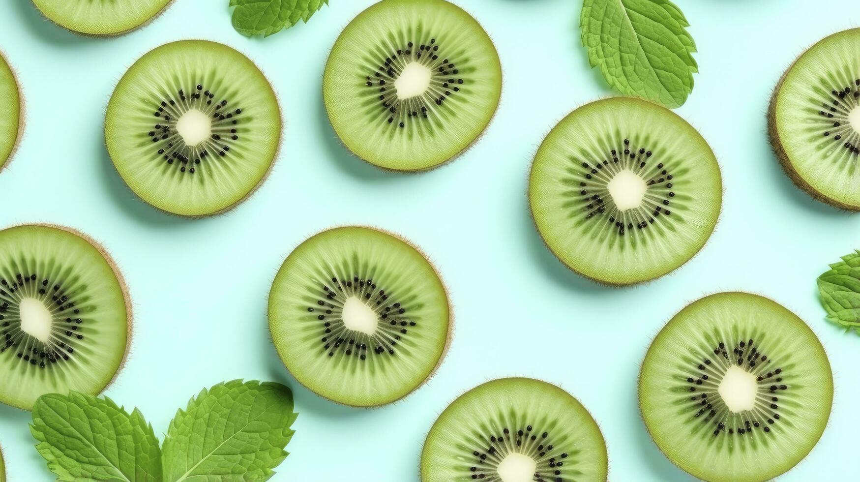 ai generiert Scheiben von Kiwi Obst und Grün Minze Blätter auf ein Licht Pastell- Blau Hintergrund. ai generiert foto
