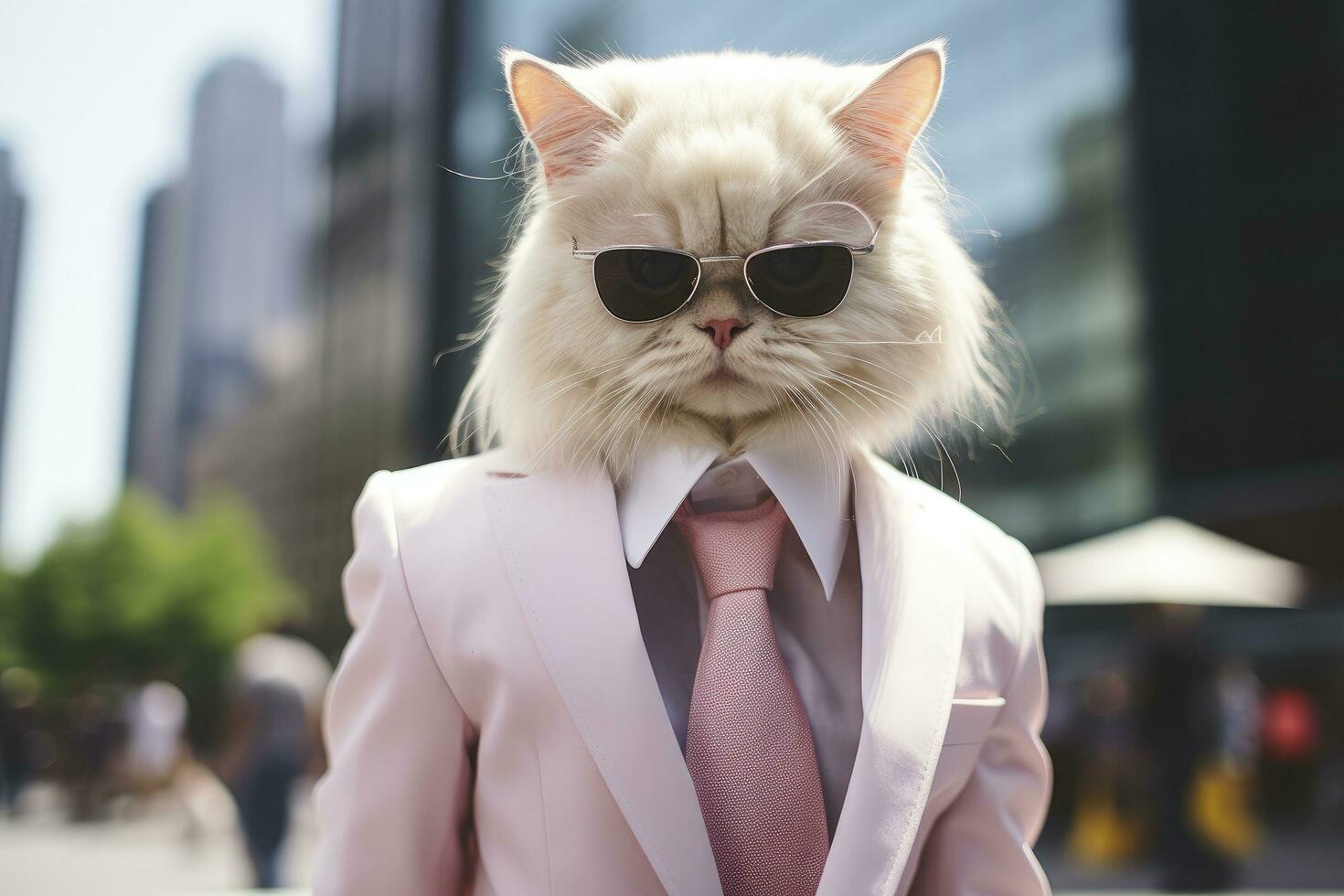 ai generiert ein Katze ist tragen Sonnenbrille, passen und Stehen auf Straße. ai generiert foto
