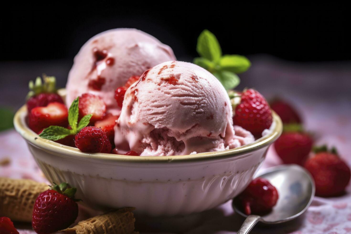 ai generiert Erdbeere Eis Sahne mit frisch Erdbeeren. ai generiert foto