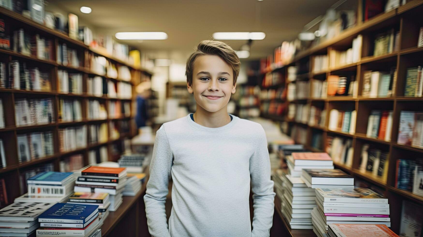 ai generiert süß wenig Kinder beim ein Bibliothek. zurück zu Schule Konzept. foto