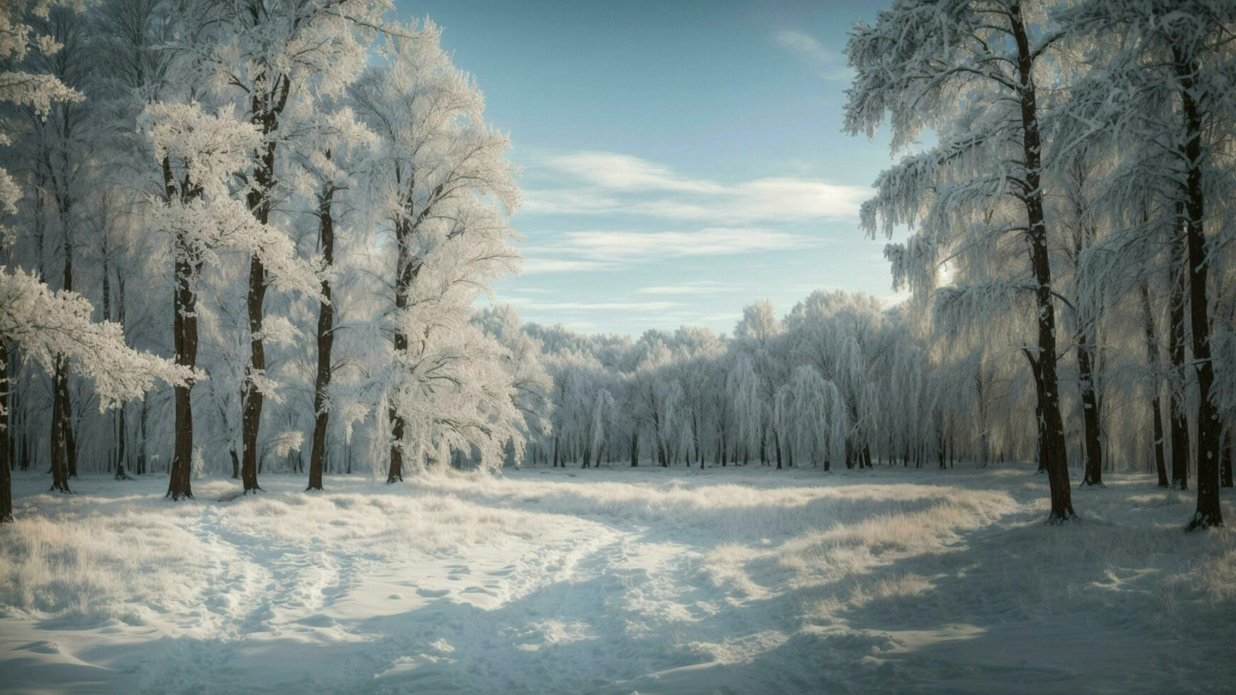 ai generiert Erfassung das Wesen von ein Winter Wunderland Rahmen ein makellos schneebedeckt Wald mit jeder Baum geschmückt im glitzernd Frost, Erstellen ein magisch Ambiente Das Transporte foto