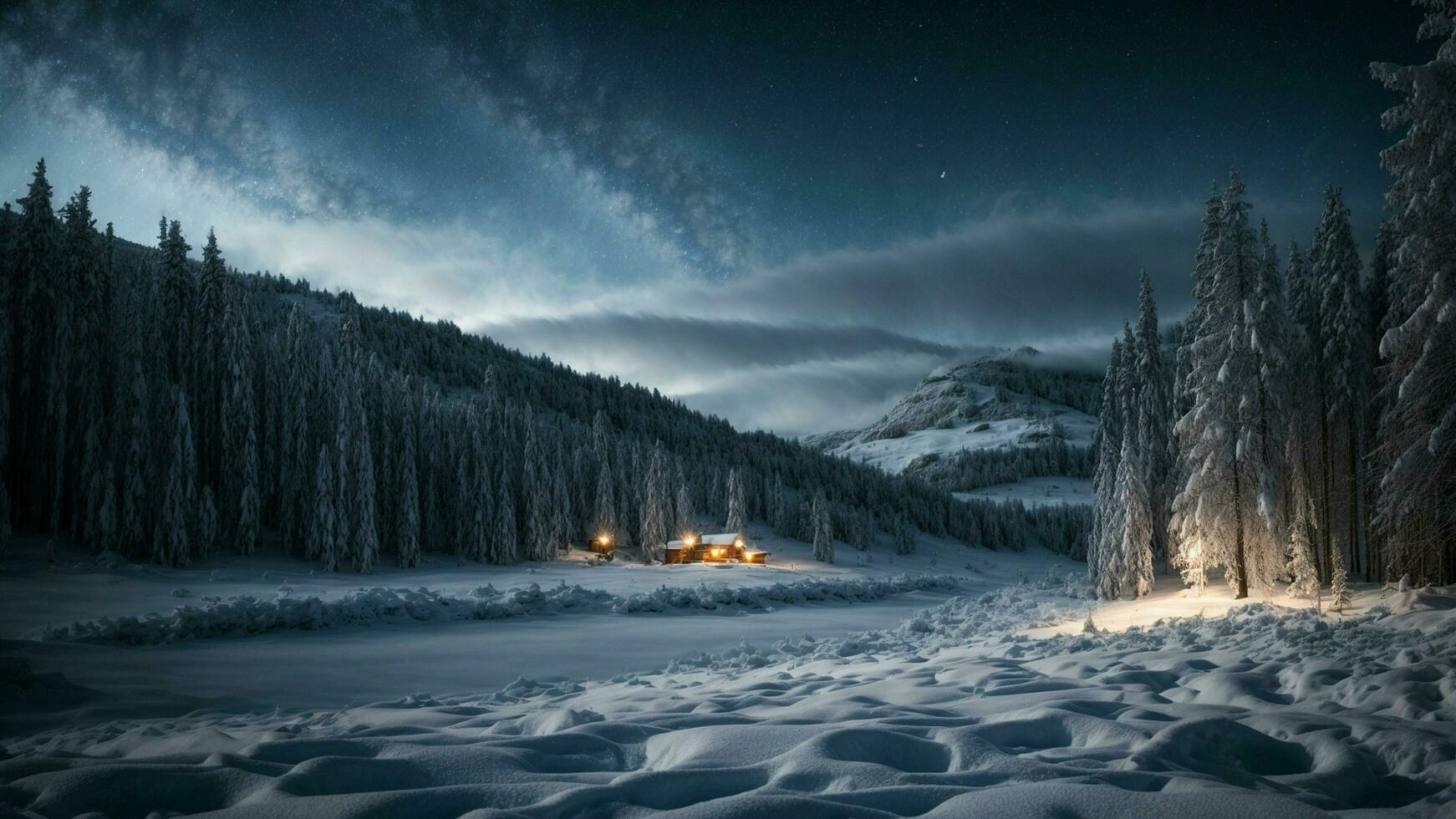 ai generiert mystisch Winter Nacht Erfassung das Verzauberung von ein Winter Nacht im das Wald, mit ein Sternenlicht Himmel, schneebedeckt Boden, und ein Sinn von ruhig Magie im das Luft foto