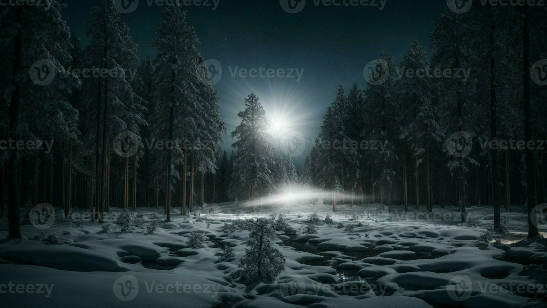 ai generiert beschreiben das Komplex Ökosystem von ein Kiefer Wald beim Nacht während Winter, Hervorheben das Zusammenspiel von Mondlicht und Schatten. foto