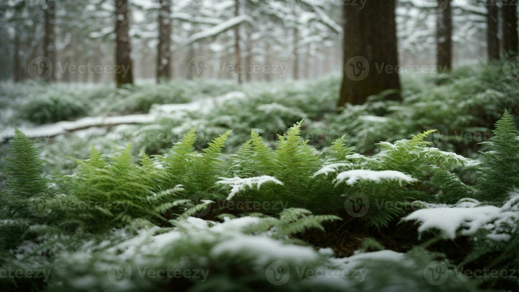 ai generiert erkunden das Einzelheiten von frostgeküsst Farne und das Untergeschichte Vegetation unter das Winter Bäume, Hervorheben das Kontrast zwischen das fragil Grün und das Umgebung schneebedeckt Landschaft foto