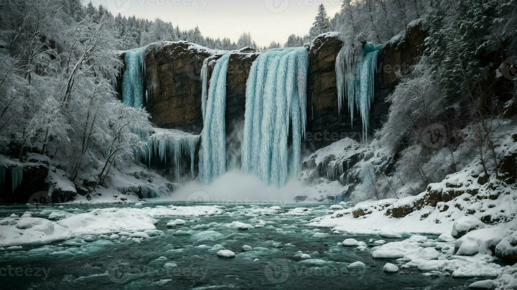 ai generiert vorstellen das Schauspiel von gefroren Wasserfälle gerahmt durch Bäume im ein Winter Landschaft, betonen das einzigartig Nebeneinander von das fließend und das statisch Elemente im Natur. foto