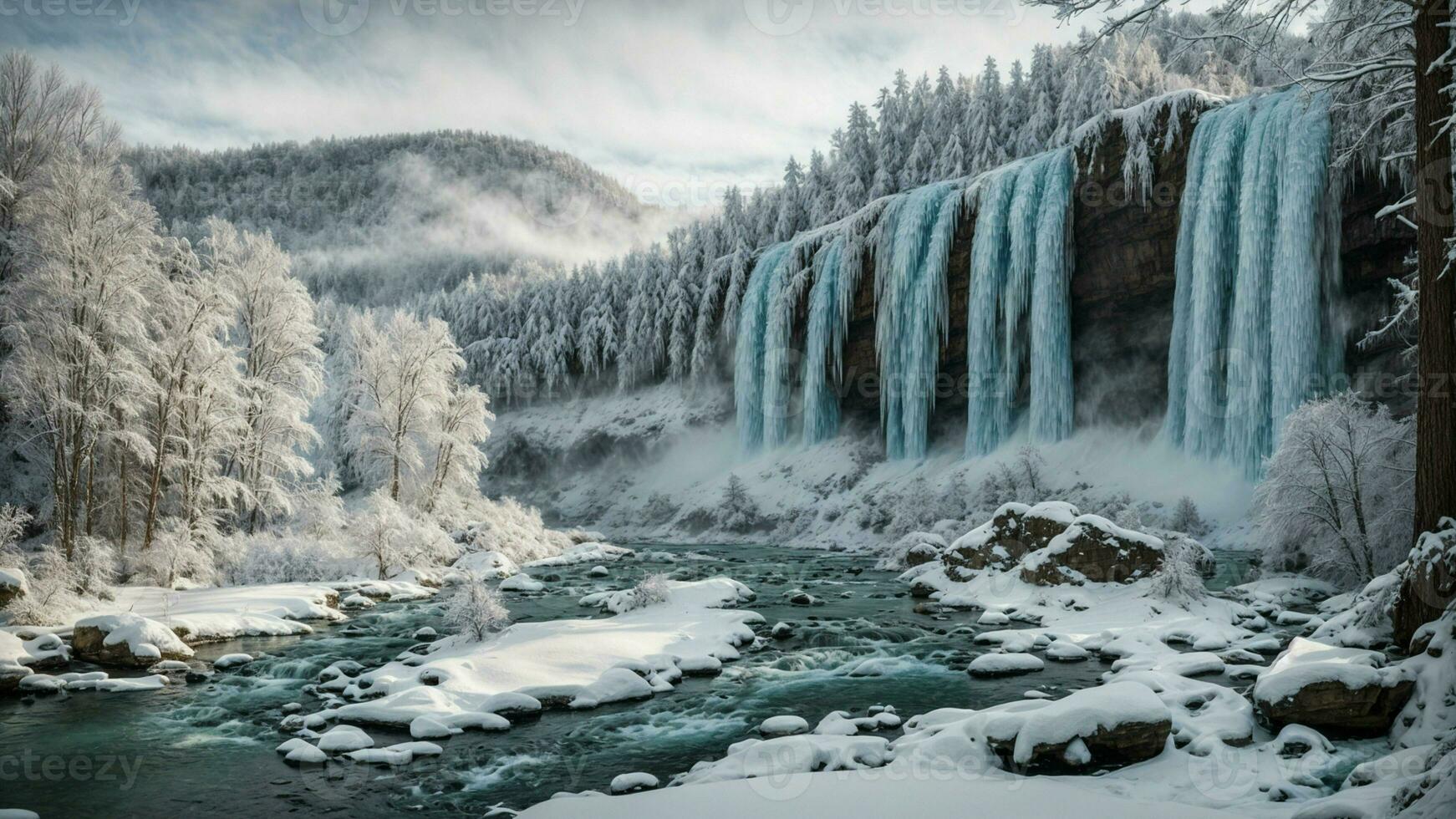 ai generiert vorstellen das Schauspiel von gefroren Wasserfälle gerahmt durch Bäume im ein Winter Landschaft, betonen das einzigartig Nebeneinander von das fließend und das statisch Elemente im Natur. foto