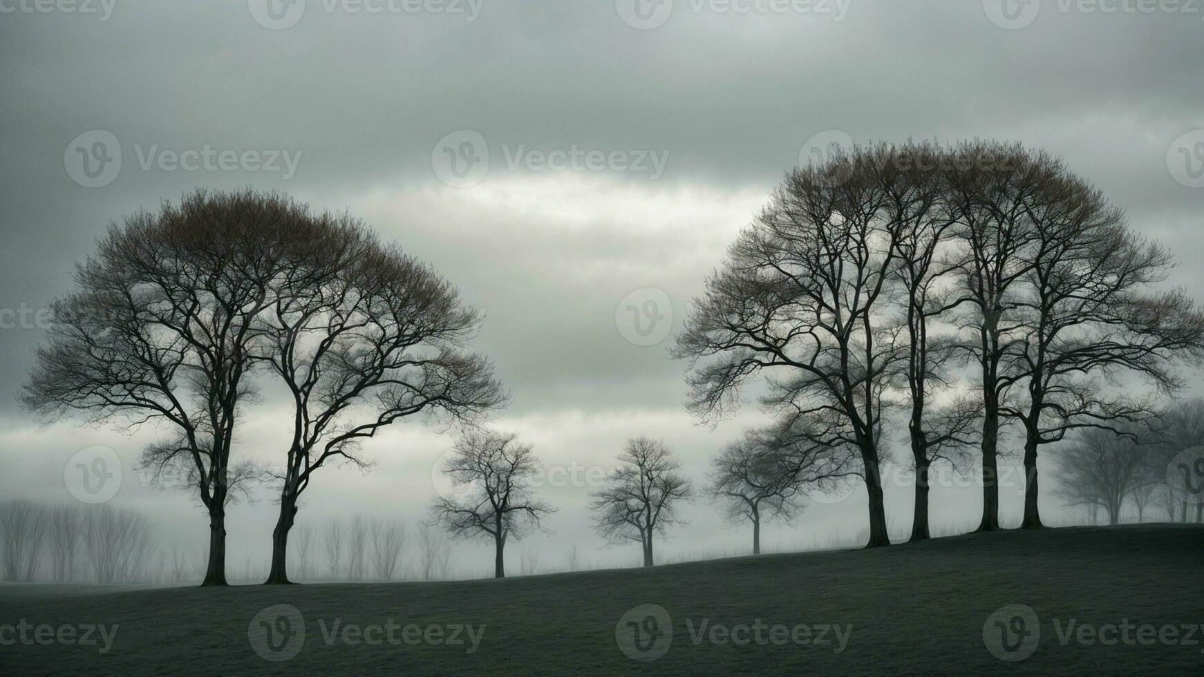 ai generiert Detail das Kontrast zwischen das Stark Silhouetten von blattlos Bäume gegen ein blass, bedeckt Winter Himmel. foto