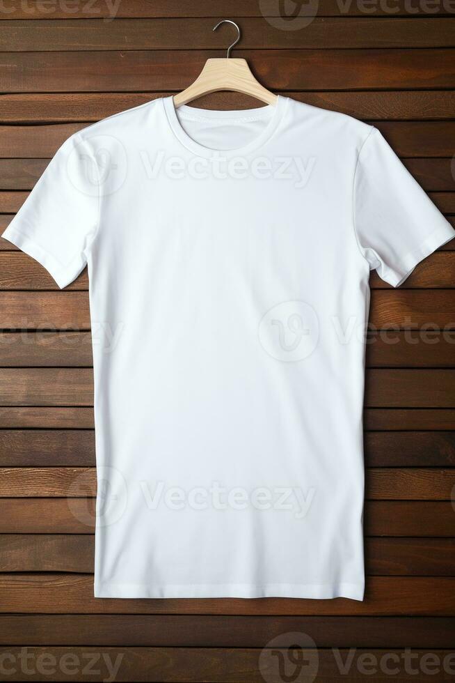 ai generiert Weiß T-Shirt auf hölzern Hintergrund, oben Sicht. Attrappe, Lehrmodell, Simulation zum Design foto