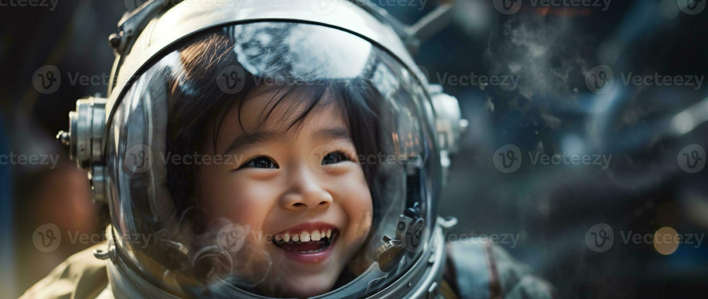 ai generiert Porträt von ein süß asiatisch wenig Mädchen tragen Astronaut Kostüm und lächelnd im Raum foto