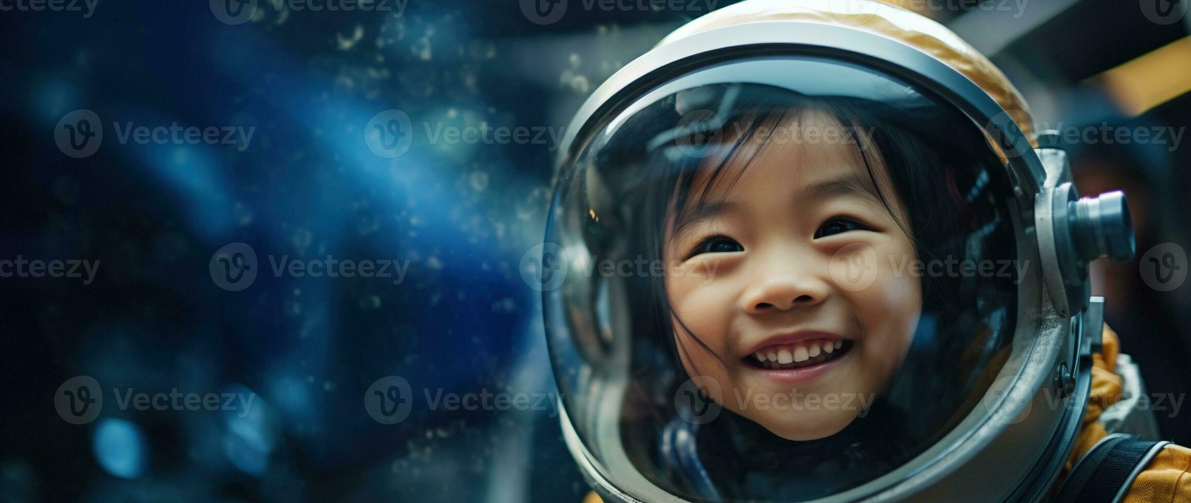ai generiert Porträt von ein süß asiatisch wenig Mädchen tragen Astronaut Kostüm und lächelnd im Raum foto