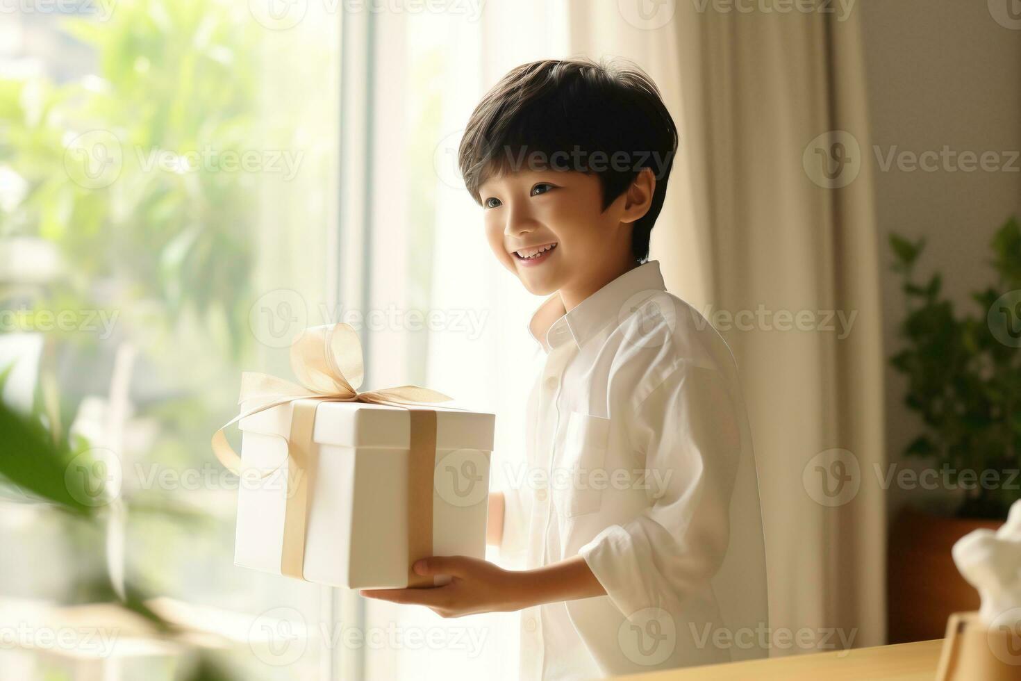 ai generiert süß asiatisch wenig Junge halten ein Geschenk Box foto