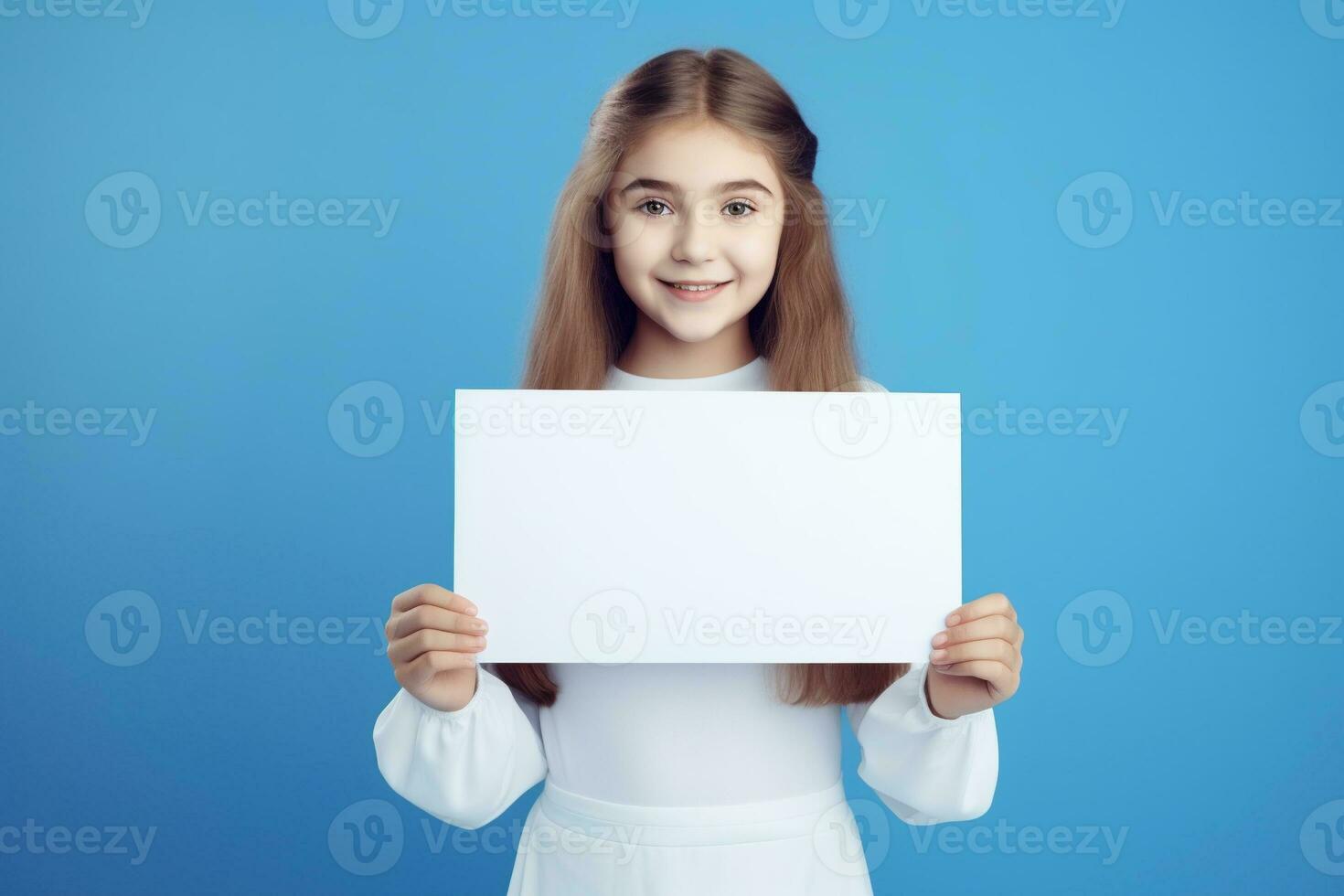 ai generiert süß wenig Mädchen halten leer Weiß Blatt von Papier im ihr Hände foto