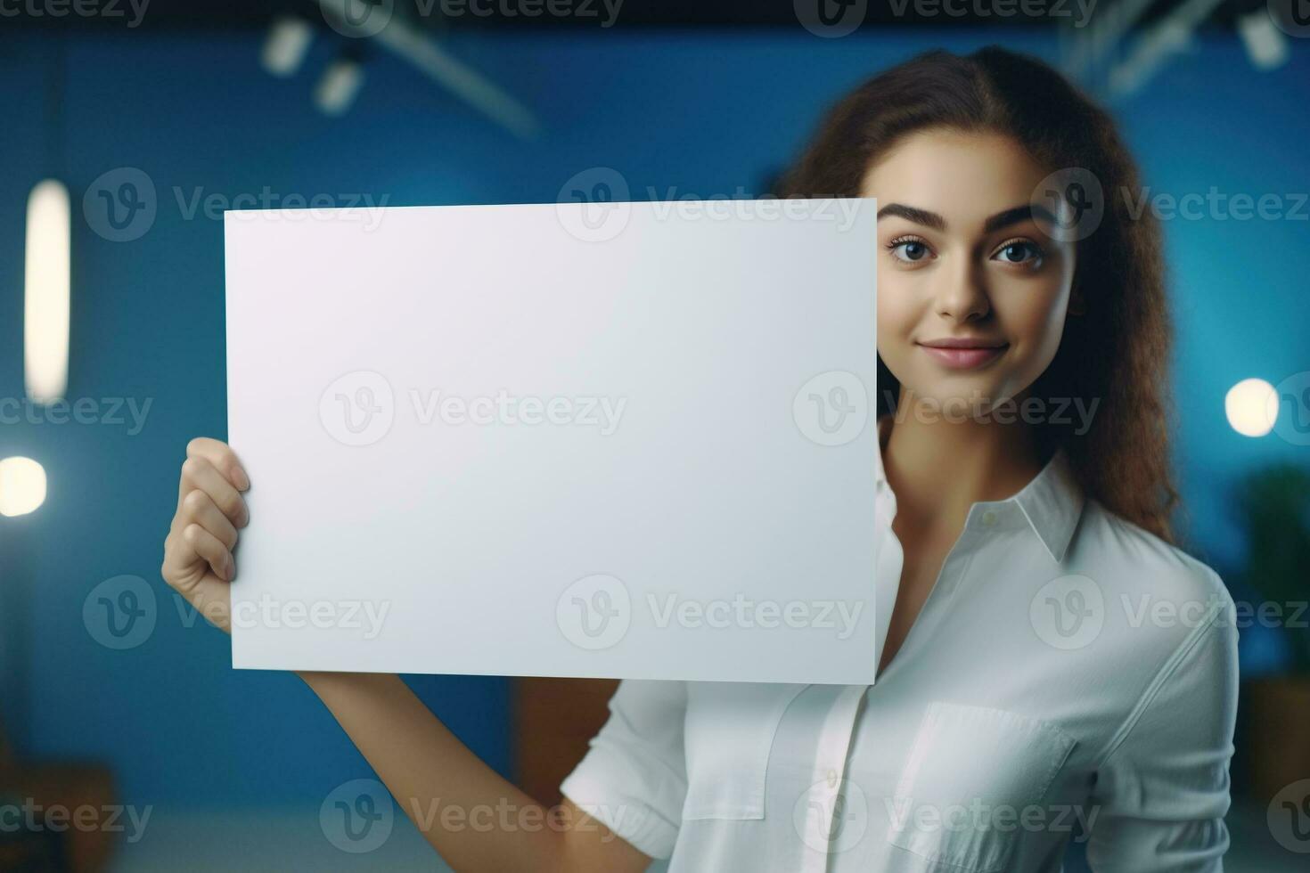 ai generiert süß wenig Mädchen halten leer Weiß Blatt von Papier im ihr Hände foto