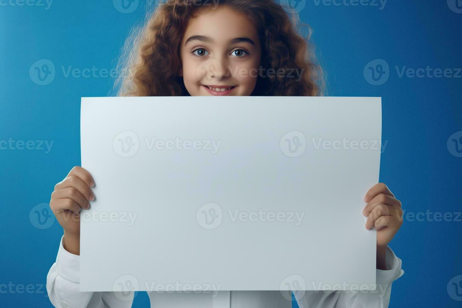 ai generiert süß wenig Mädchen halten leer Weiß Blatt von Papier im ihr Hände foto