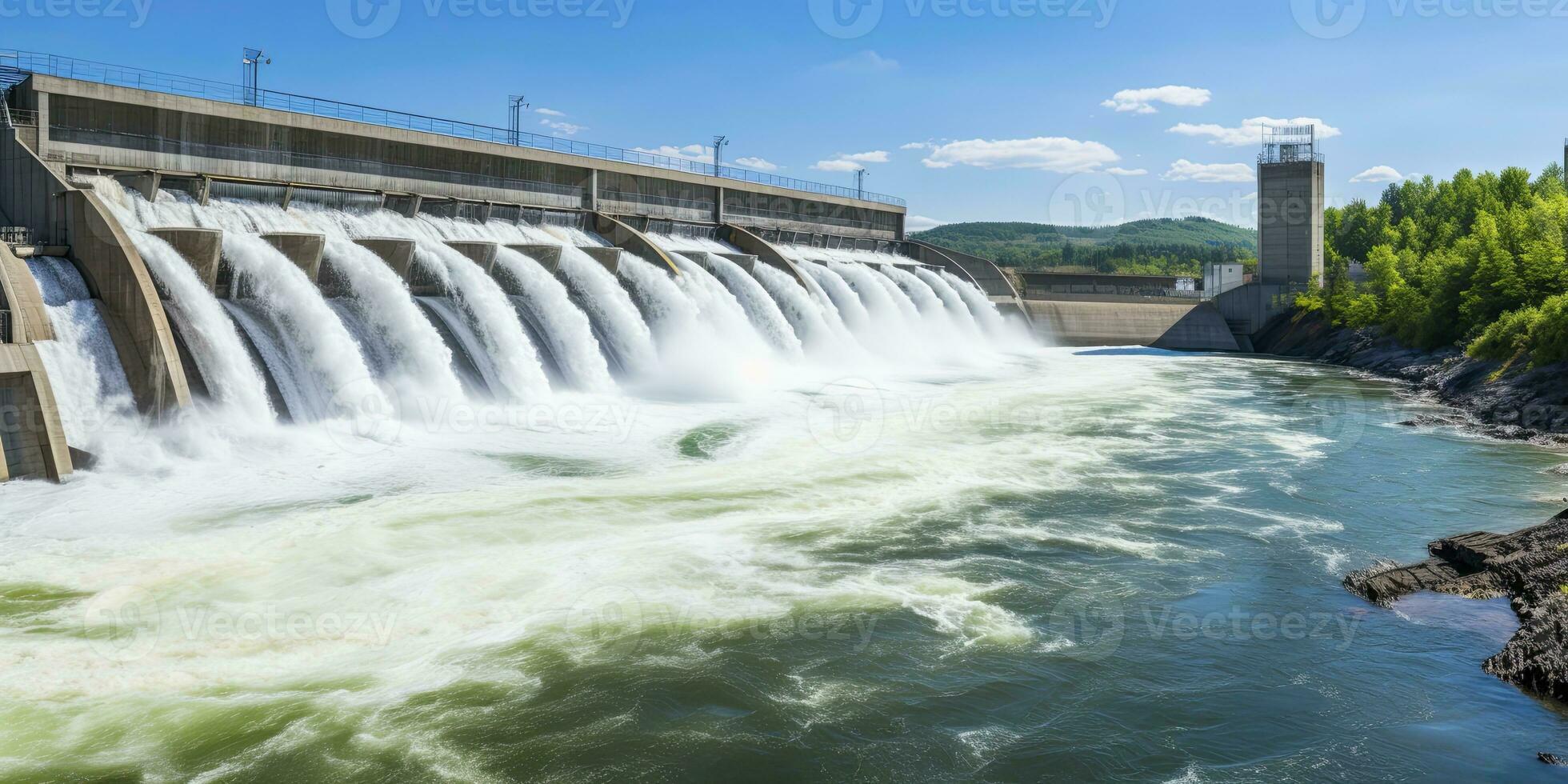 ai generiert Wasserkraft Damm Erstellen Grün Energie von fließend Wasser. ai generiert. foto