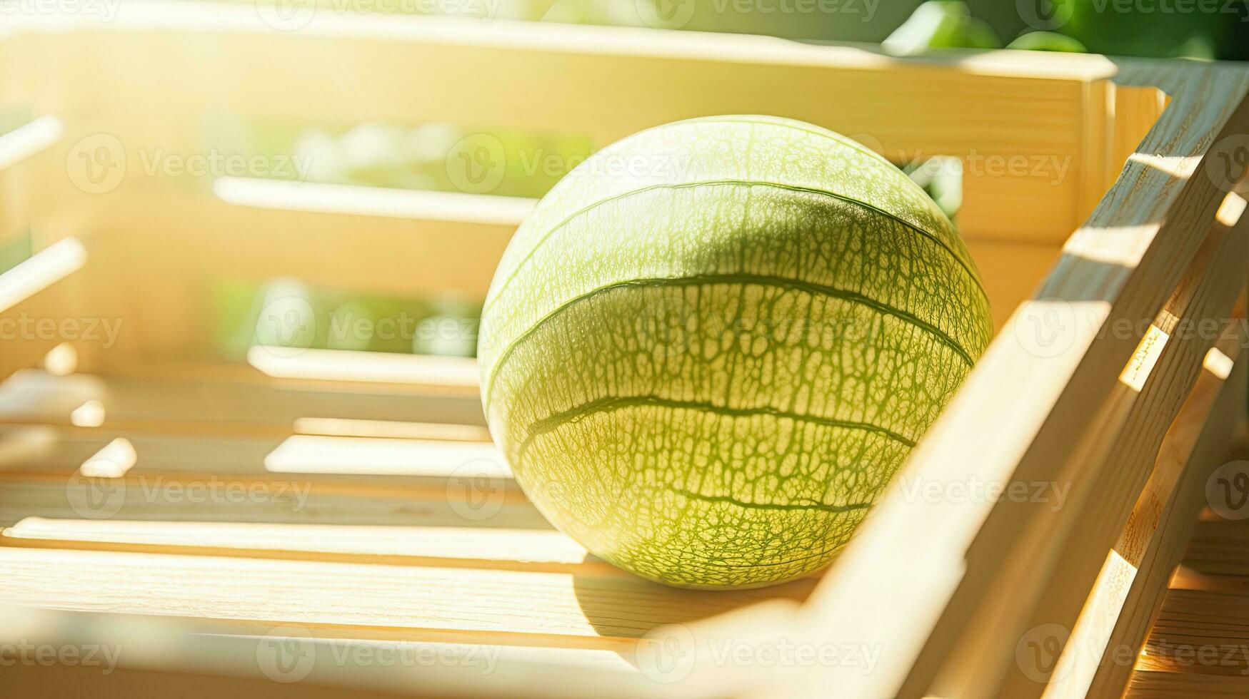 ai generiert frisch Melone mit Licht Exposition auf das hölzern Box ai generativ foto