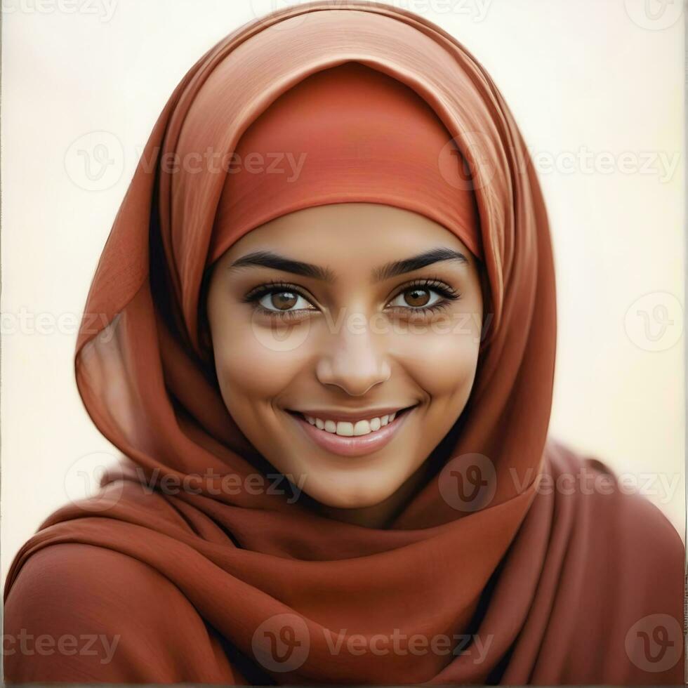 ai generiert schön Muslim Frau lächelnd und Lachen tragen ein Hijab und dekoriert Schal foto