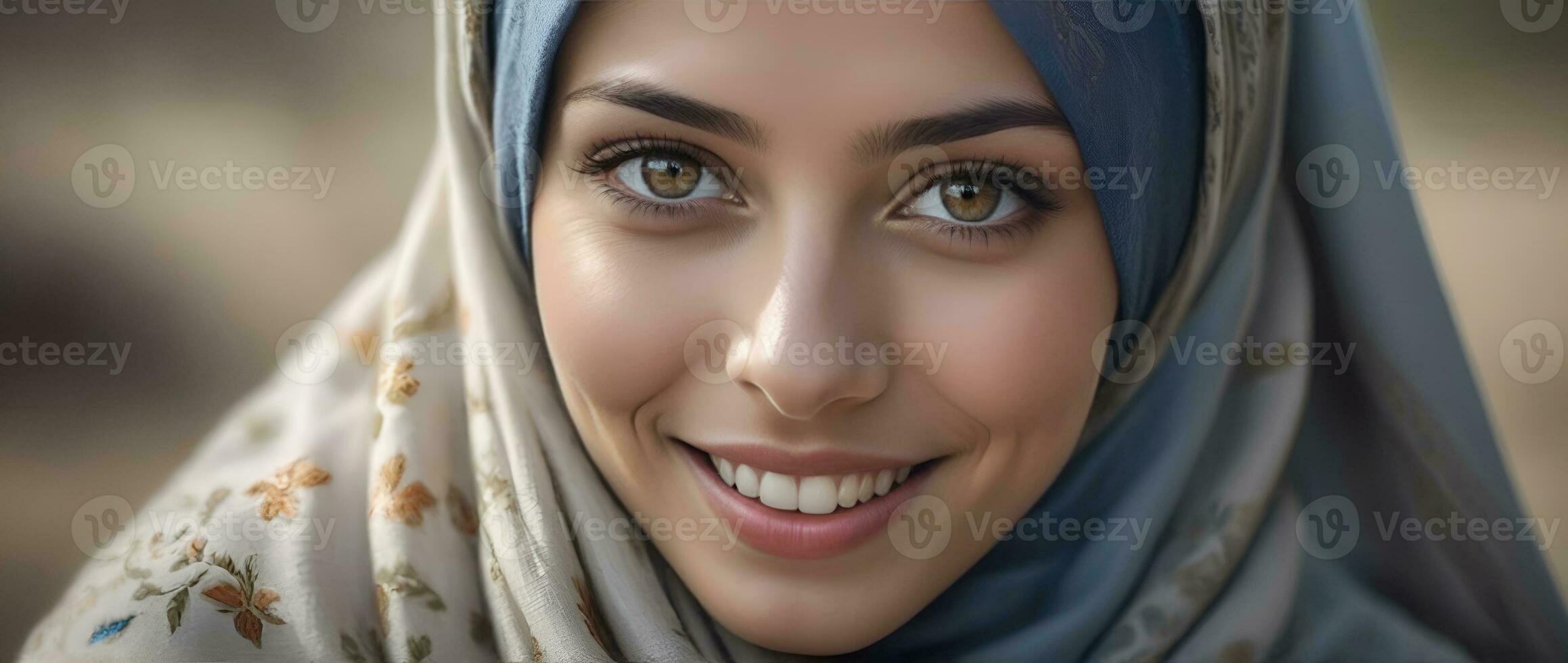 ai generiert schön Muslim Frau lächelnd und Lachen tragen ein Hijab und dekoriert Schal foto