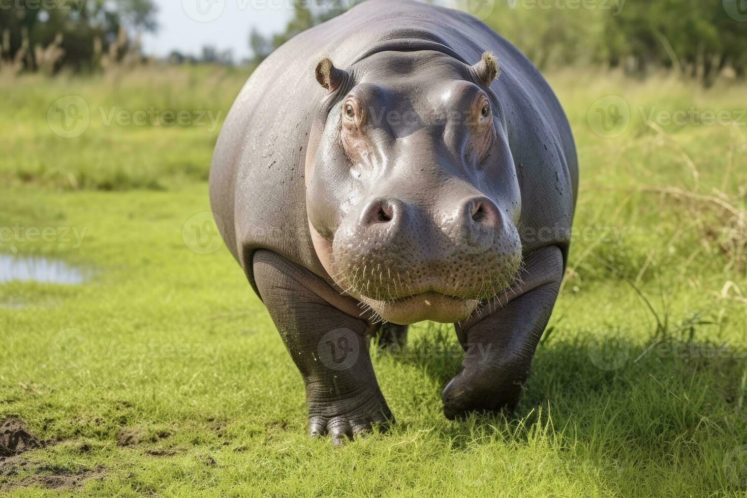 ai generiert Nilpferd Gehen im ein Grün Feld. ai generiert foto