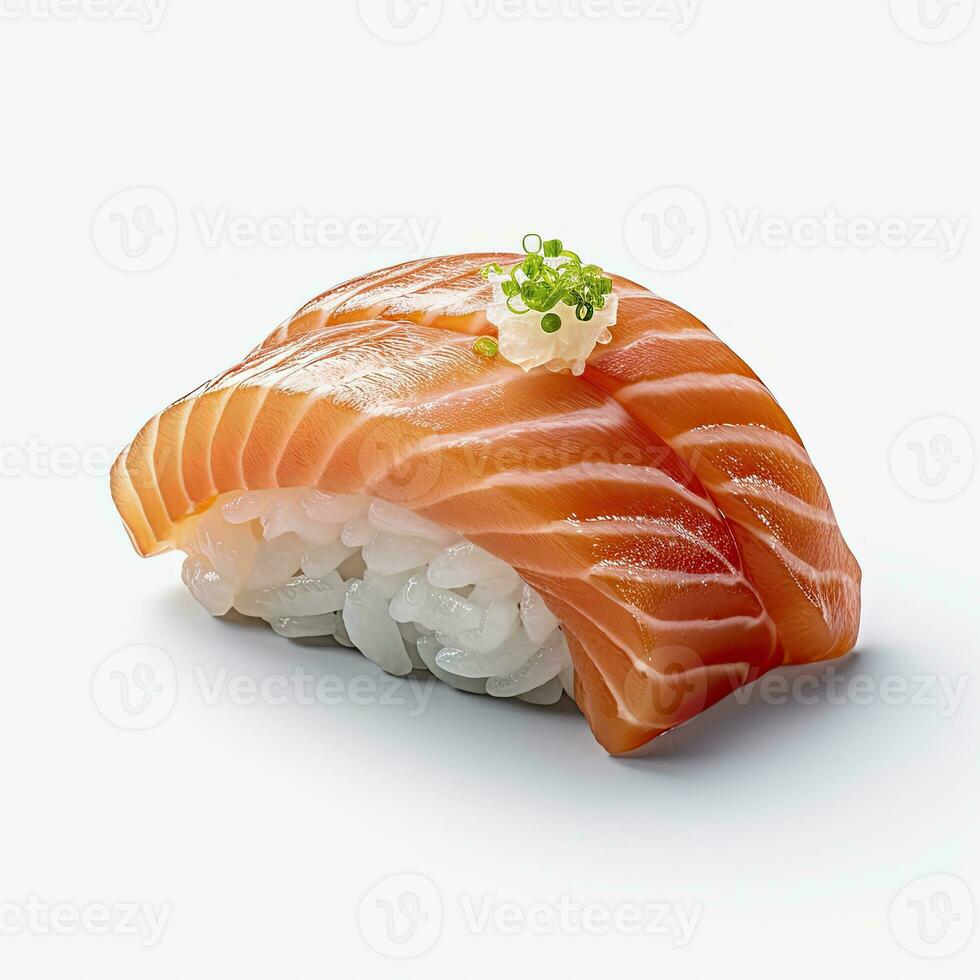 ai generiert ein Sushi Lachs auf Weiß Hintergrund. ai generiert foto