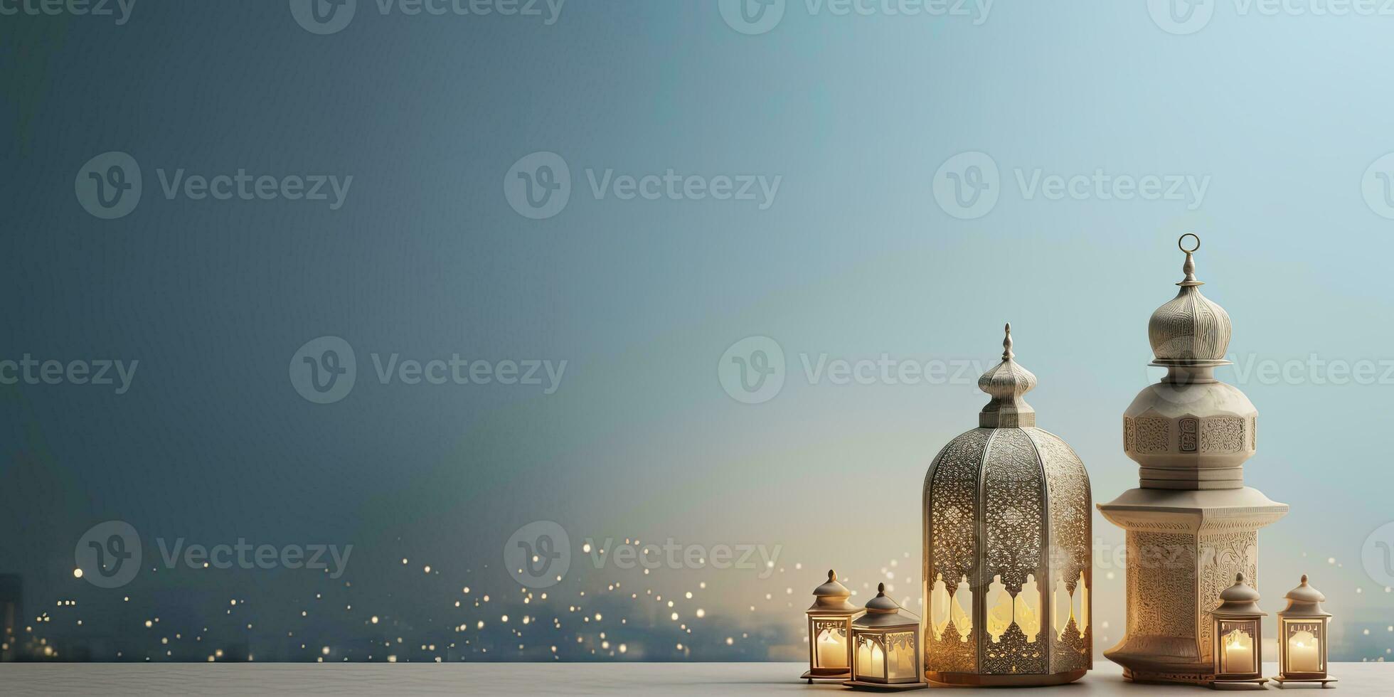 ai generiert Feier von islamisch eid Mubarak und eid al adha Laterne im ein Licht Hintergrund. ai generiert foto