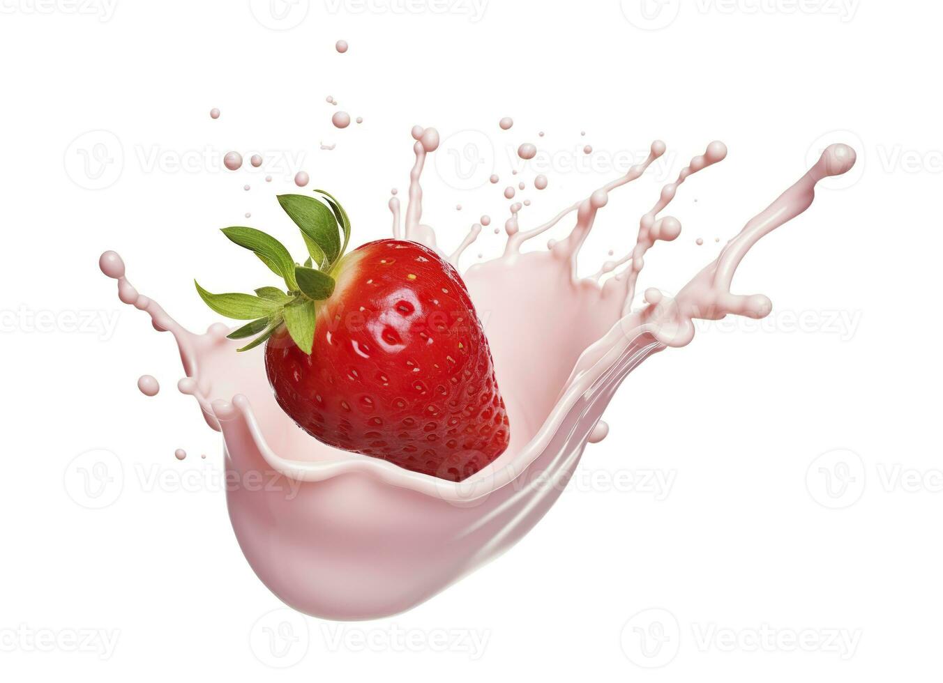 ai generiert Milch oder Joghurt Spritzen mit Erdbeeren isoliert auf Weiß Hintergrund, 3d Wiedergabe. ai generiert foto