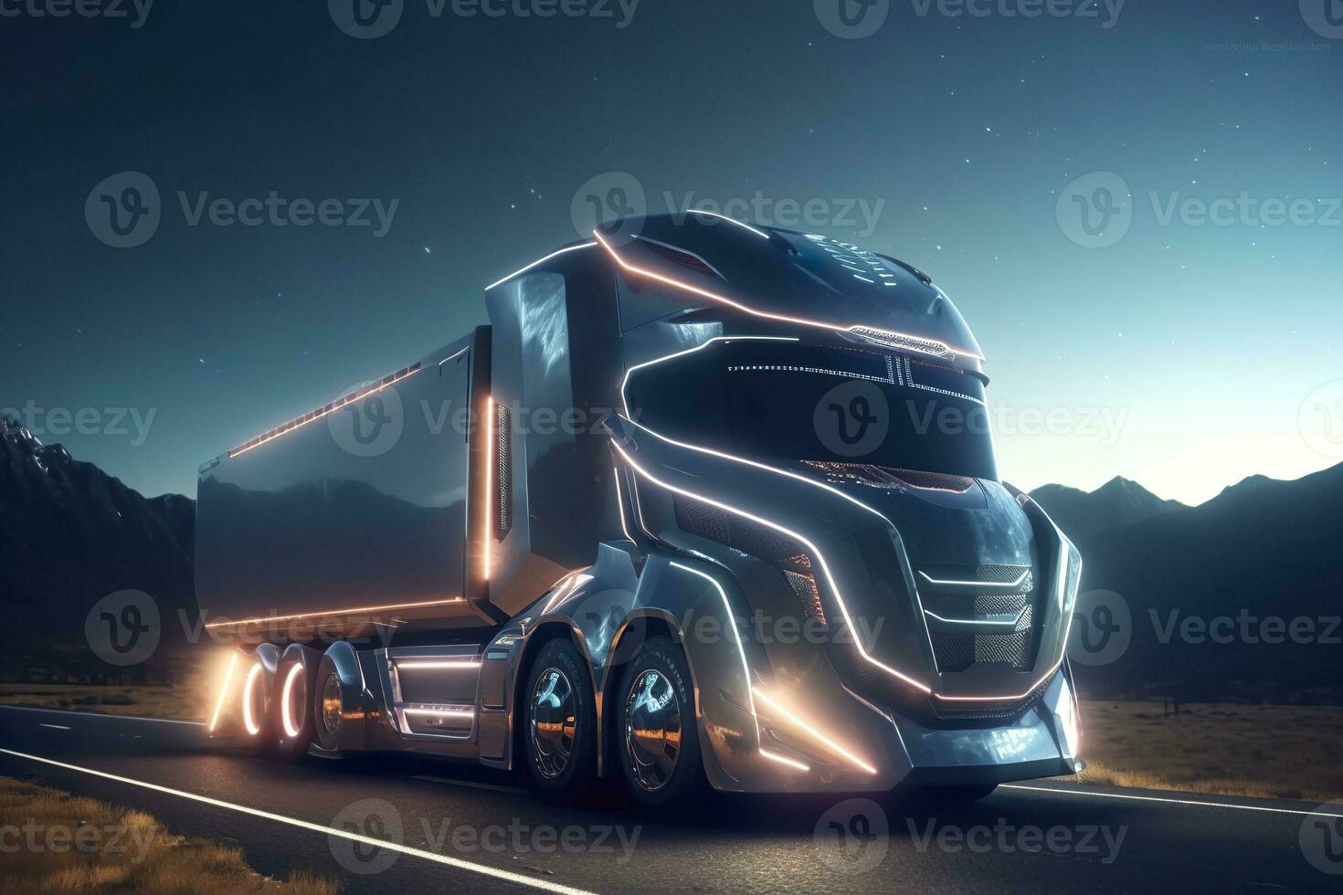 ai generiert 23 .. Jahrhundert futuristisch LKW mit hyper modern Antrieb, breit Winkel Linse, und futuristisch Wolkenkratzer im das Hintergrund. ai generativ foto