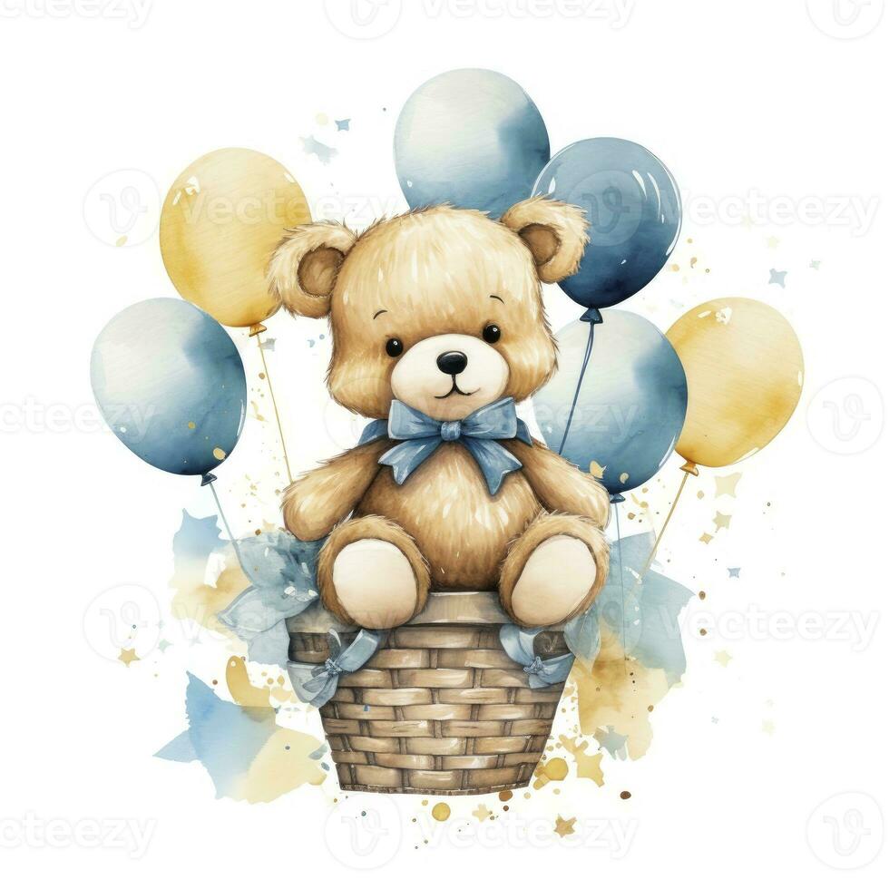 ai generiert ein Aquarell Baby Teddy Bär ist Sitzung im das Korb mit Blau und Gold Luftballons. ai generiert foto