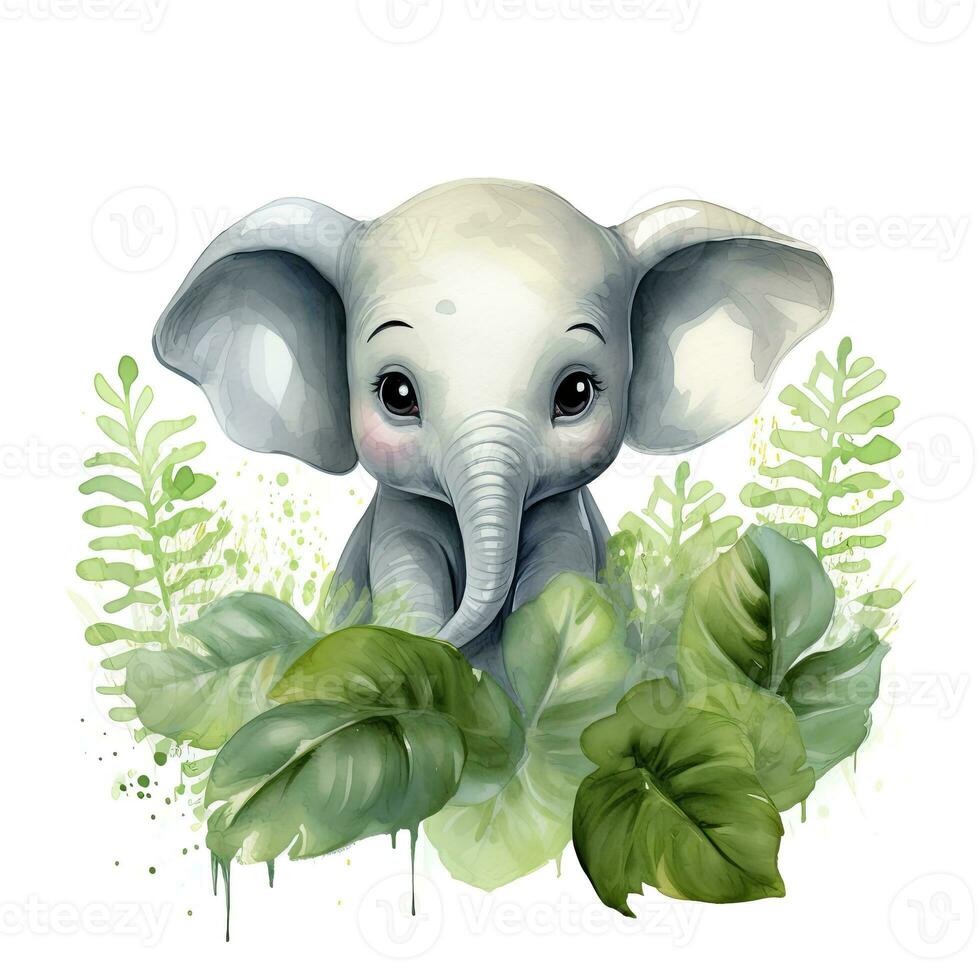 ai generiert glücklich süß Baby Elefant im Grün Blätter im das Aquarell Stil. ai generiert foto