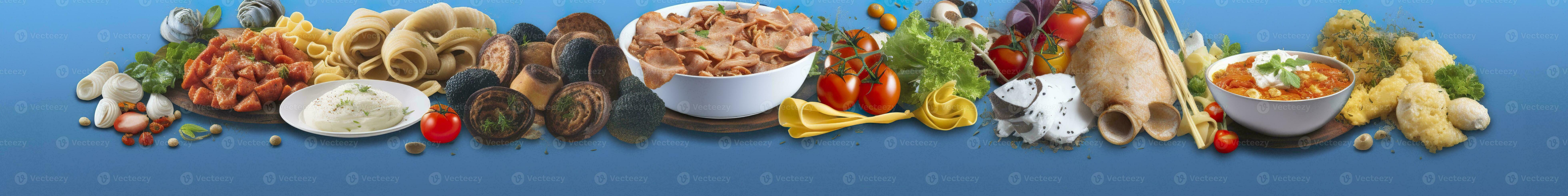 ai generiert Netz Seite Banner von berühmt Italienisch Essen Rezepte auf sauber Blau Hintergrund. ai generiert foto