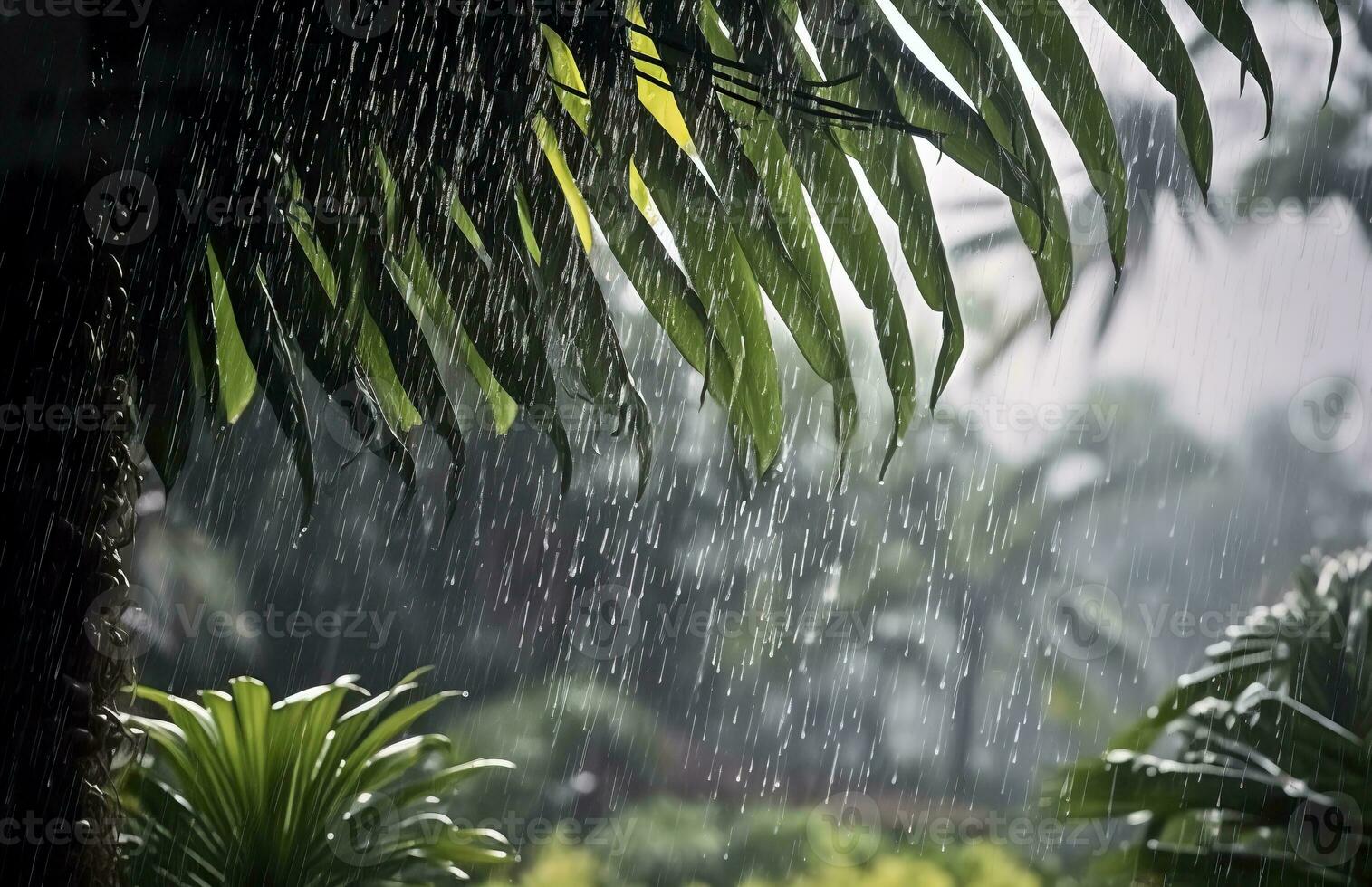 ai generiert Regen im das Tropen während das niedrig Jahreszeit oder Monsun Jahreszeit. Regentropfen im ein Garten. generativ ai foto