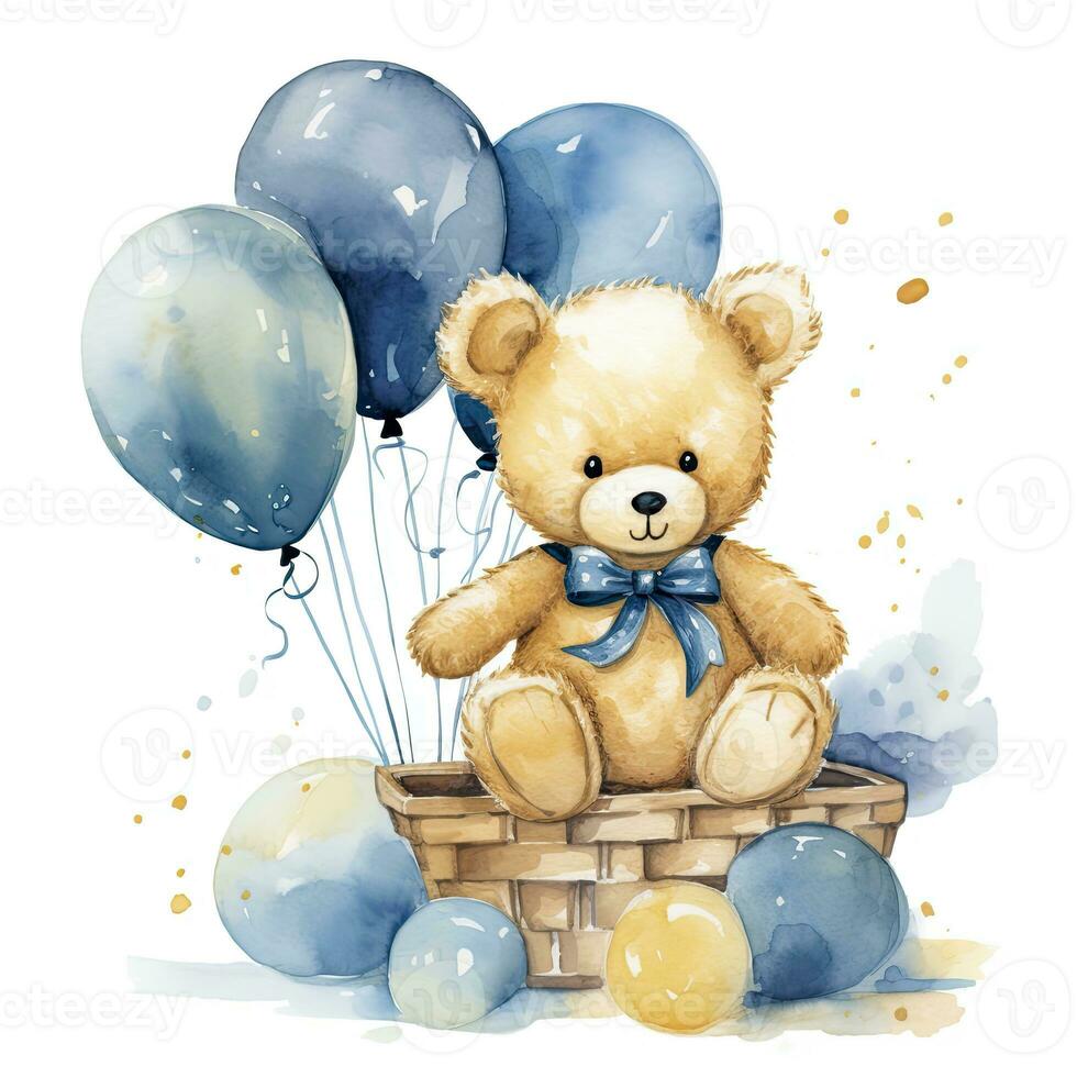 ai generiert ein Aquarell Baby Teddy Bär ist Sitzung im das Korb mit Blau und Gold Luftballons. ai generiert foto