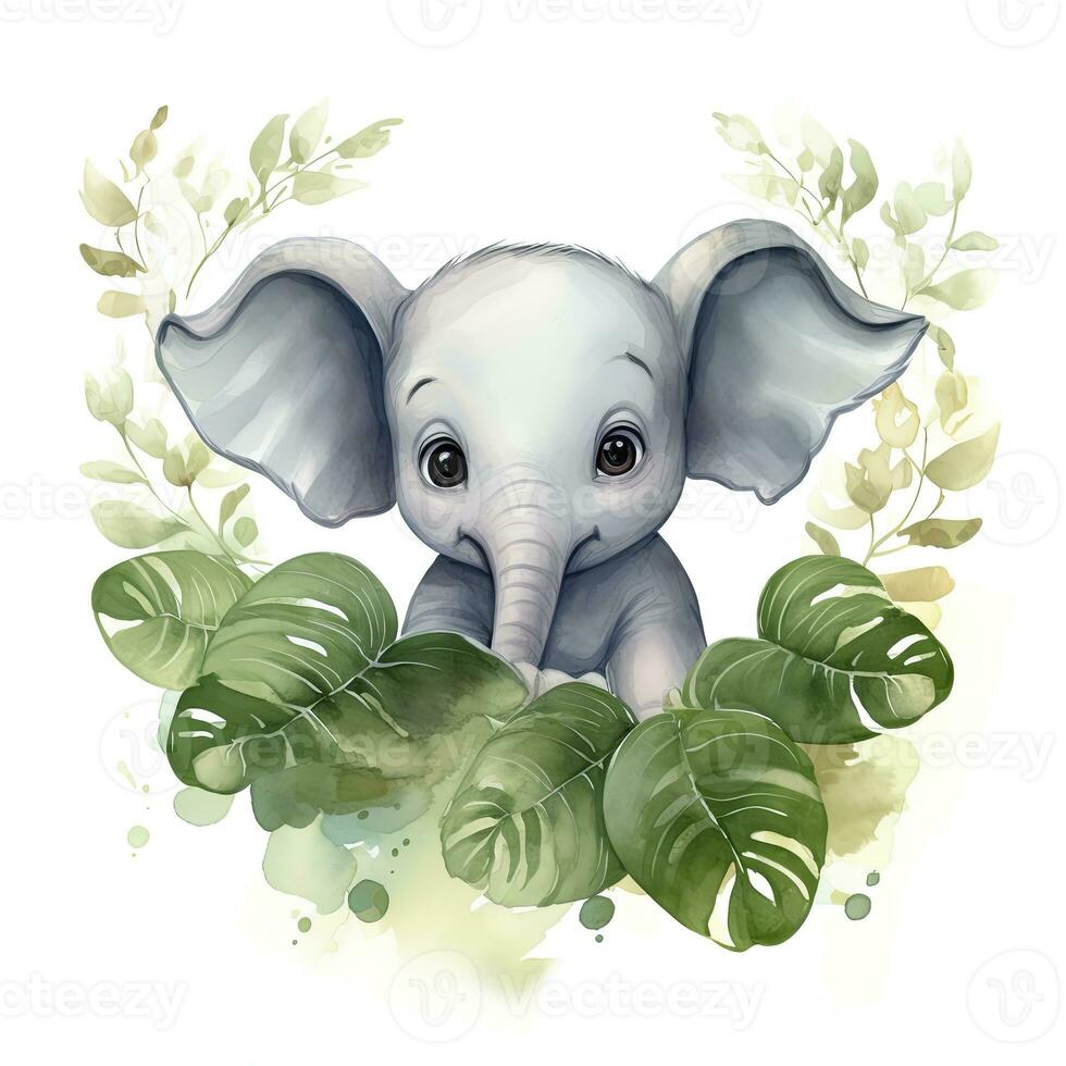 ai generiert glücklich süß Baby Elefant im Grün Blätter im das Aquarell Stil. ai generiert foto