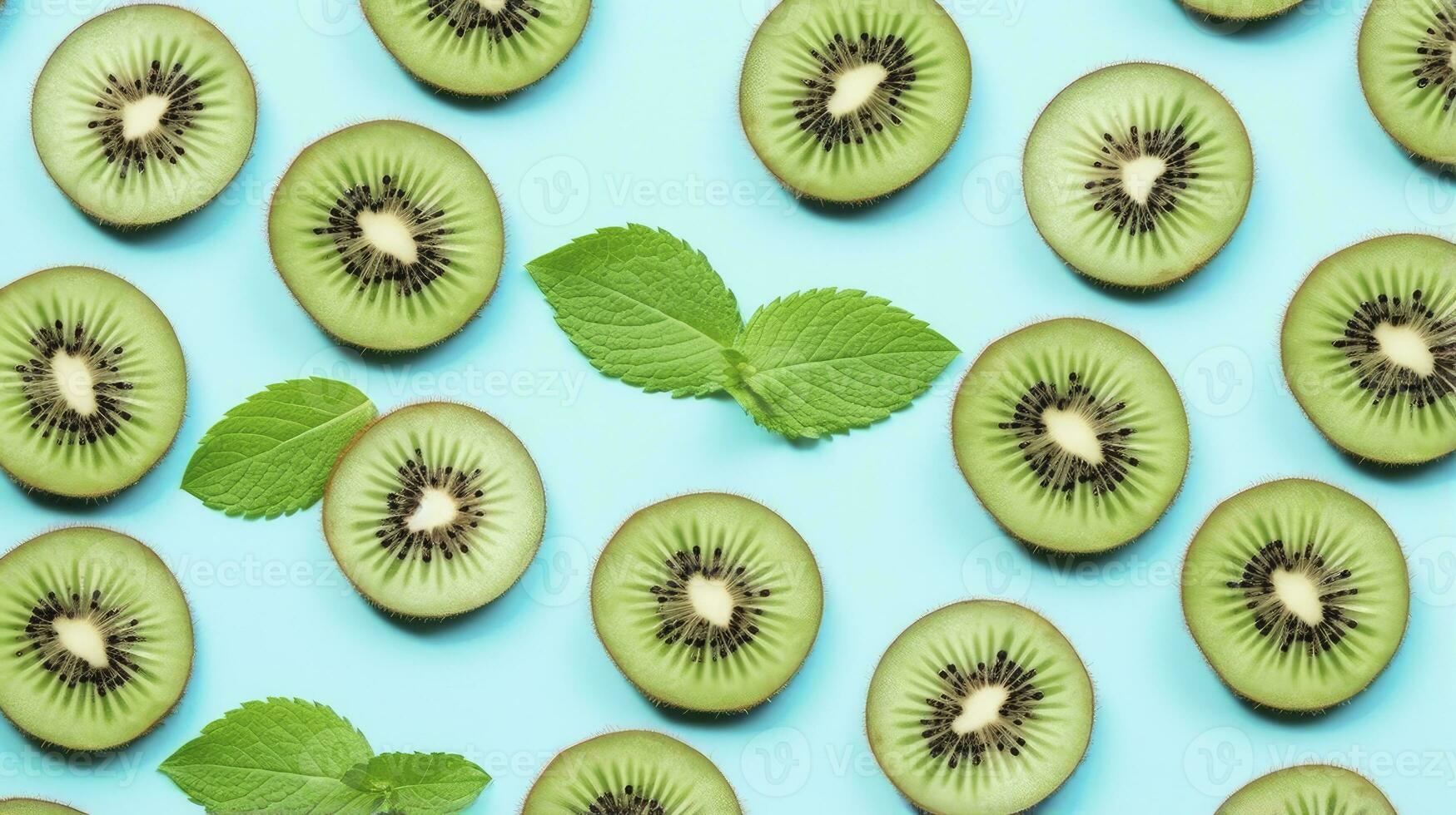 ai generiert Scheiben von Kiwi Obst und Grün Minze Blätter auf ein Licht Pastell- Blau Hintergrund. ai generiert foto