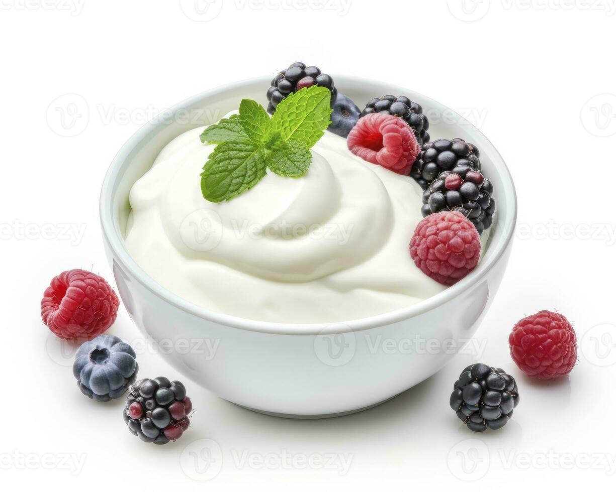 ai generiert Grün Schüssel von griechisch Joghurt und frisch Beeren isoliert auf Weiß Hintergrund. ai generiert foto