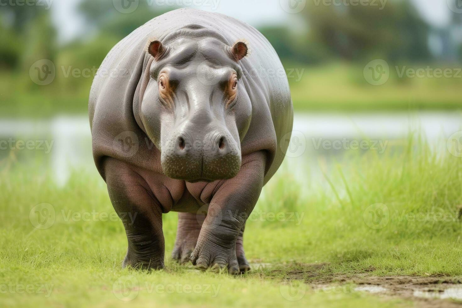 ai generiert Nilpferd Gehen im ein Grün Feld. ai generiert foto