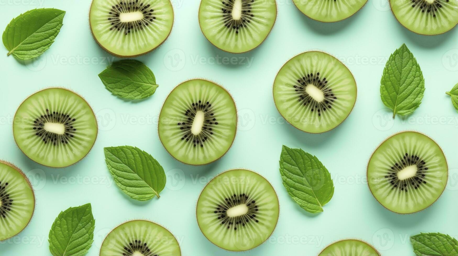 ai generiert Scheiben von Kiwi Obst und Grün Minze Blätter auf ein Licht Pastell- Blau Hintergrund. ai generiert foto