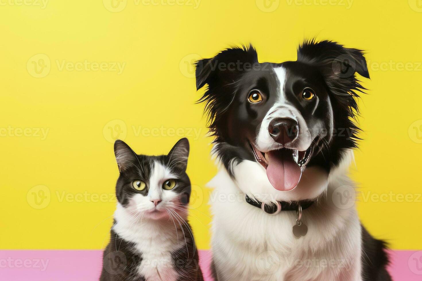 ai generiert Katze und Hund zusammen mit glücklich Ausdrücke auf Gelb Hintergrund. ai generiert foto