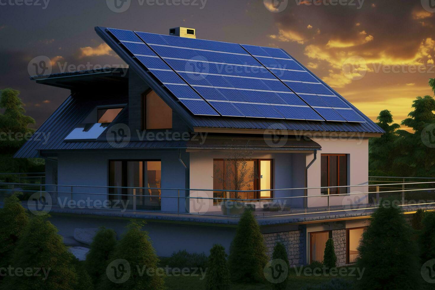 ai generiert modern Haus mit Blau Solar- Paneele auf das Dach. Ende von das Tag, Sonnenuntergang. ai generiert foto