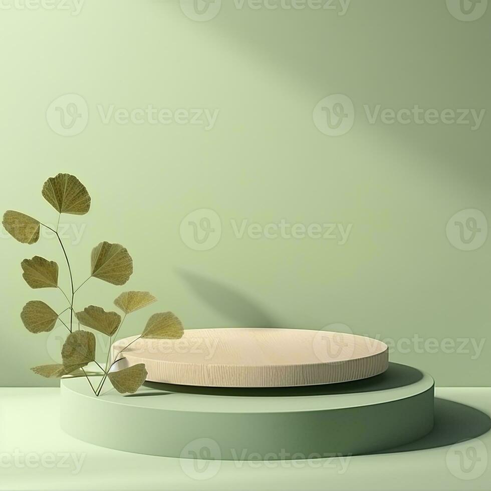 ai generiert leeren Podium mit Ginkgo biloba Blätter und Schatten auf Pastell- Grün Hintergrund. ai generiert. foto