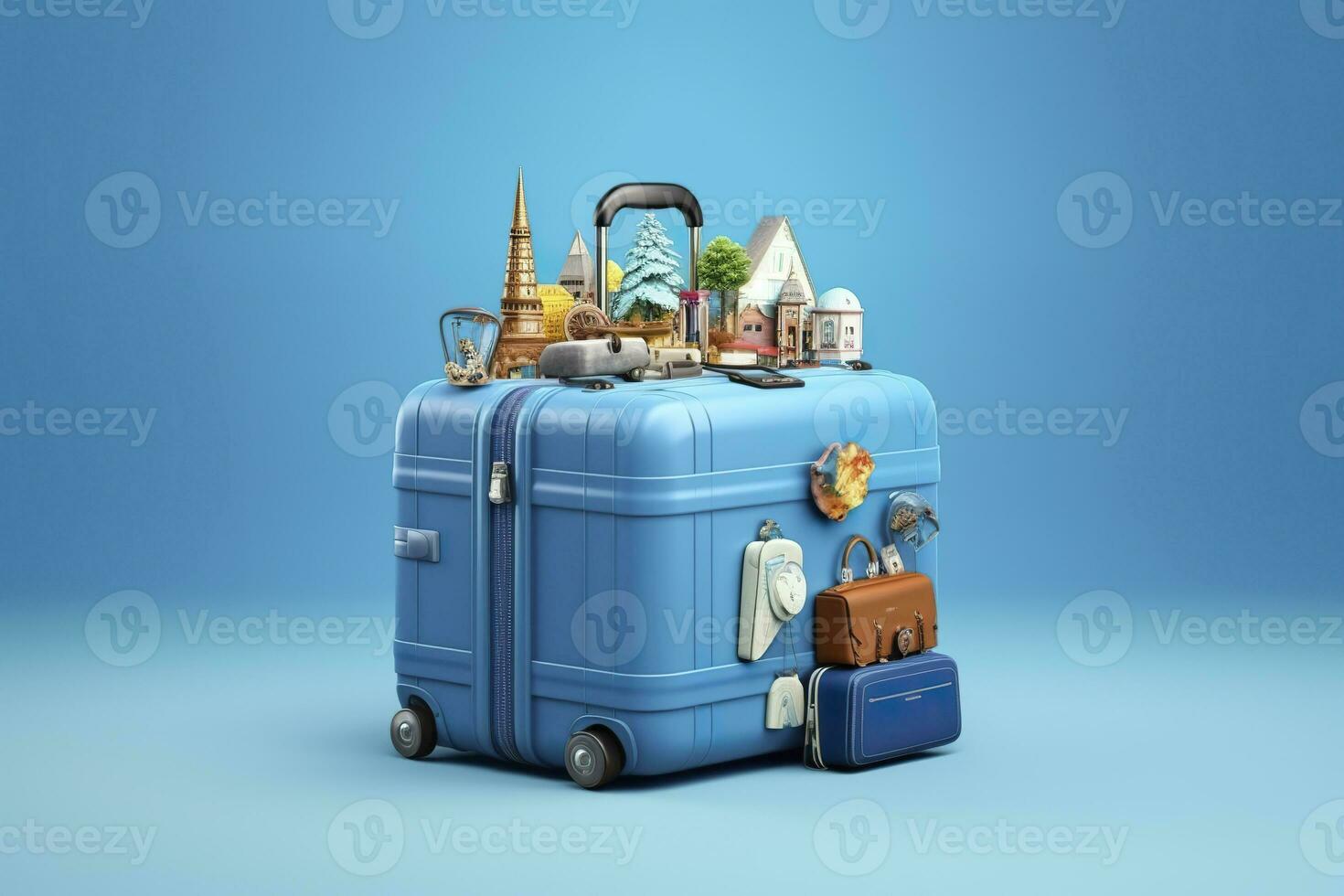 ai generiert Blau Koffer voll von Sehenswürdigkeiten und Reise Zubehör auf Blau Hintergrund. generativ ai foto